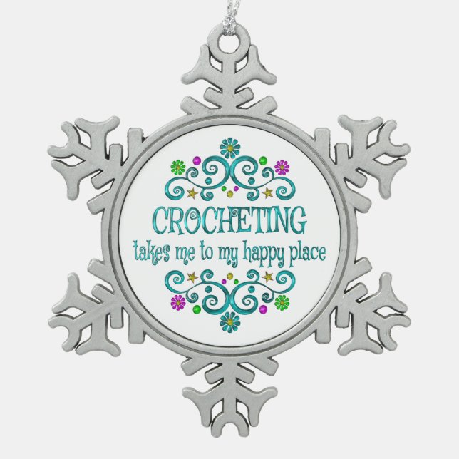 Crocheting Happy Place Snowflake Pewter Christmas Ornament (Front)