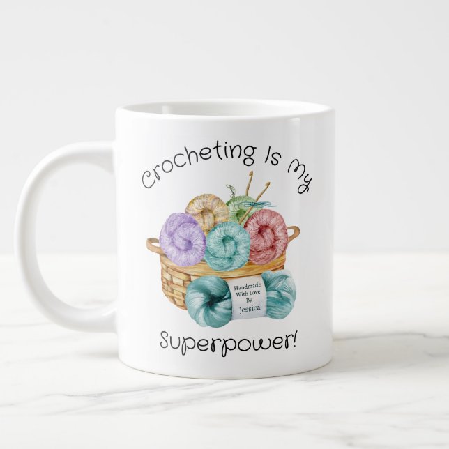 Crocheting Is My Superpower Personalized Giant Coffee Mug (Left)