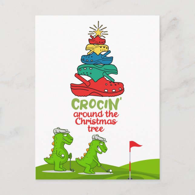 Crocin Around the Christmas Tree Crocodile golfer  Postcard (Front)