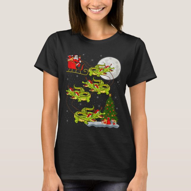 Crocodile Alligators Santa Sleigh Flying Funny Chr T-Shirt (Front)