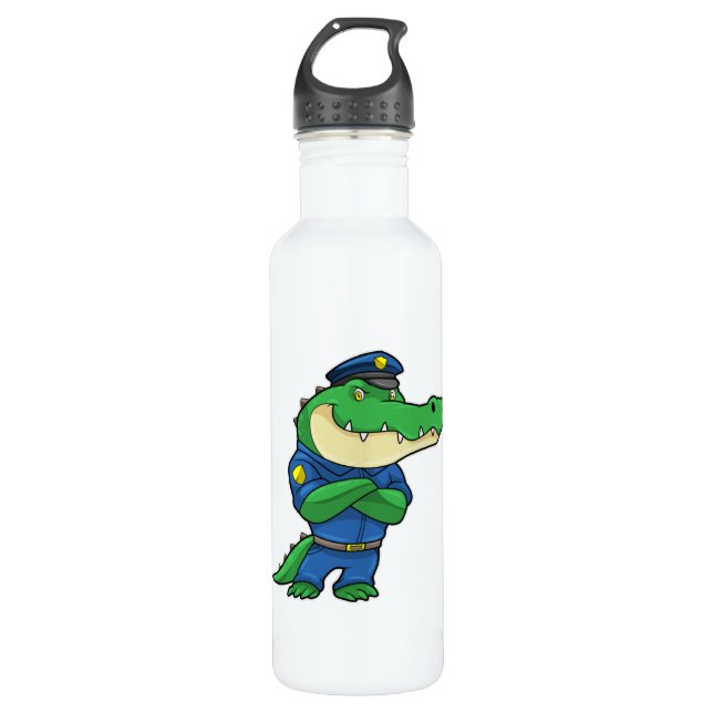 Crocodile as Police officer with Police uniform Stainless Steel Water Bottle (Front)