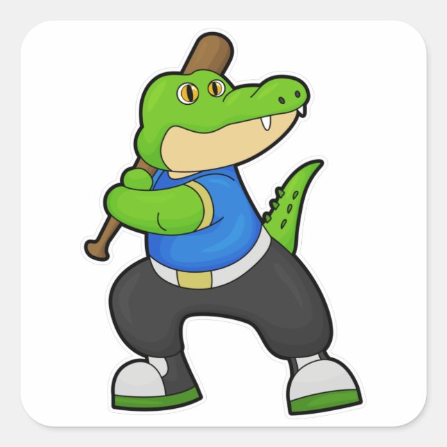 Crocodile at Baseball with Baseball bat Square Sticker (Front)