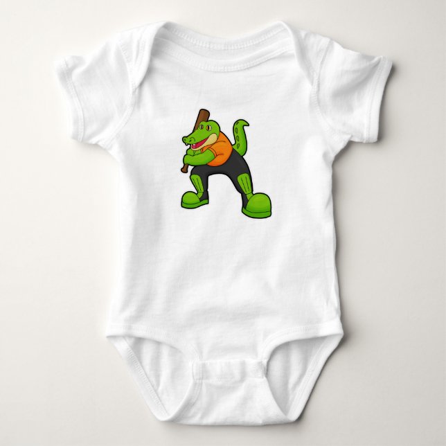 Crocodile at Cricket with Cricket bat Baby Bodysuit (Front)