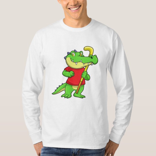 Crocodile at Field hockey with Hockey stick T-Shirt (Front)