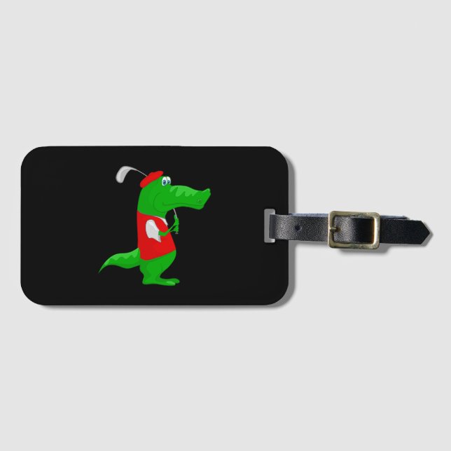 Crocodile Cartoon Golfer on Bag Tag Biz Card Slot (Front Horizontal)