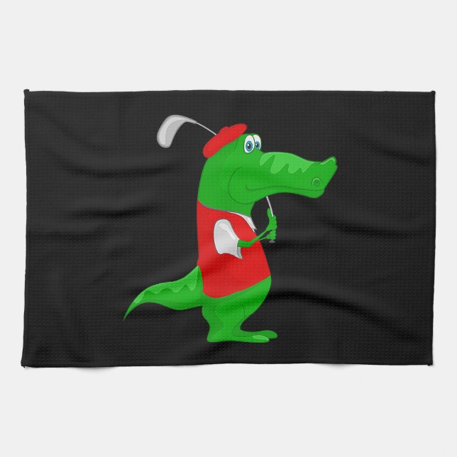 Crocodile Cartoon Golfer on Kitchen & Sports Towel (Horizontal)