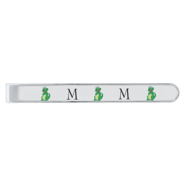 Crocodile Design Monogrammed Silver Finish Tie Bar (Front)