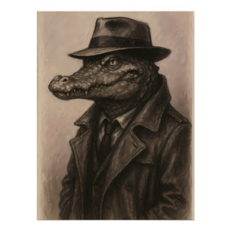 Crocodile detective in a trench coat and fedora poster