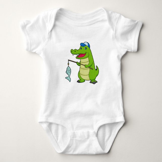 Crocodile Fishing Fisher Finshing rod Baby Bodysuit (Front)