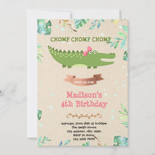 Crocodile girl birthday party invitation