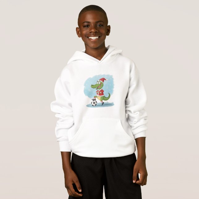 Crocodile in Christmas costume and soccer ball Hoodie (Front Full)