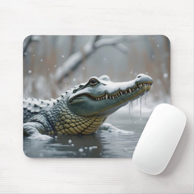 Crocodile In Snow Mouse Pad (With Mouse)
