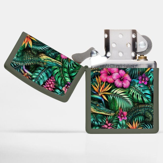 Crocodile Jungle Dreams Seamless Surface Pattern Zippo Lighter (Open)