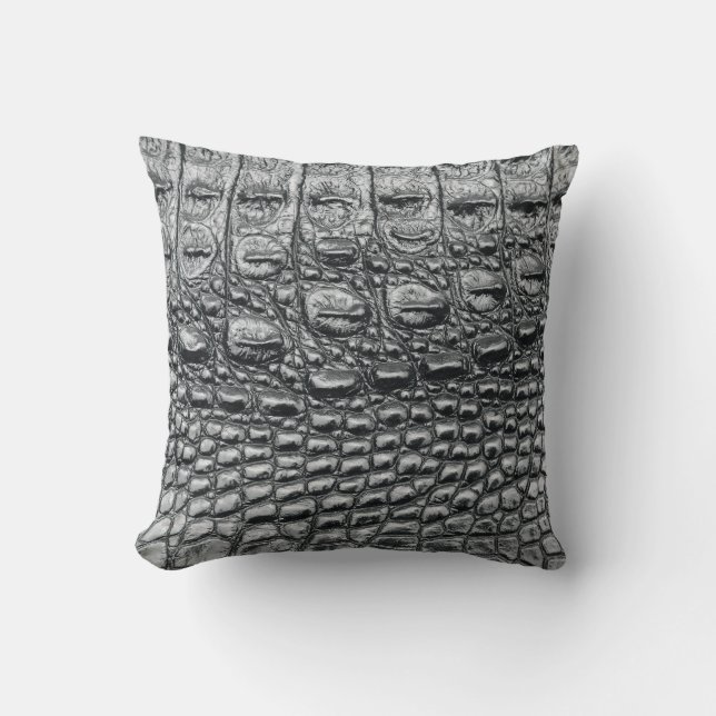 Crocodile Noir: Black Leather Mystique Throw Pillow (Front)