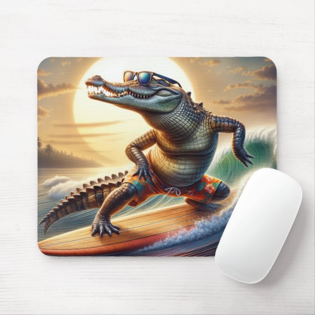 Crocodile On a Surfboard Mouse Pad (With Mouse)