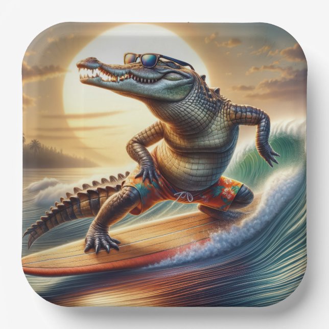 Crocodile On a Surfboard Paper Plates (Front)