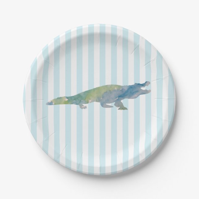 Crocodile Painting Blue Stripe Paper Plate (Front)