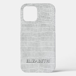 Crocodile Pearl Gray Faux Leather Personalize Name iPhone 12 Case