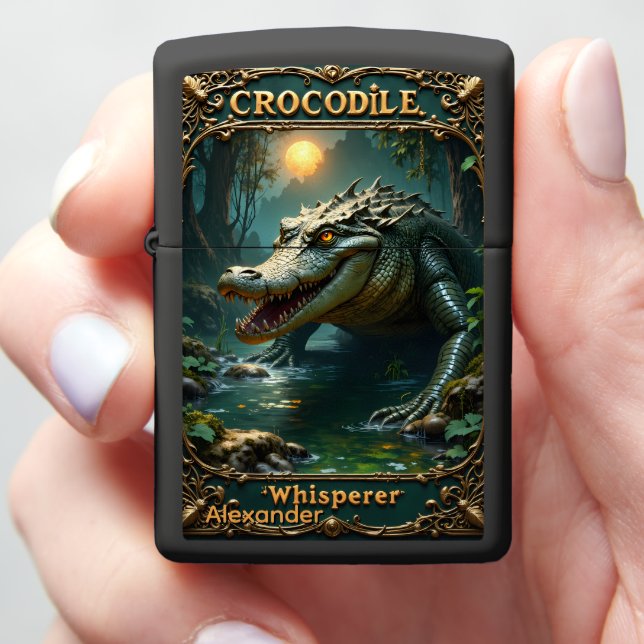 Crocodile Personalized Moonlit Swamp Portrait Zippo Lighter (In Hand)