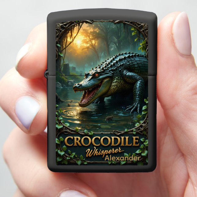 Crocodile Personalized Sunlit River Hunter Zippo Lighter (In Hand)