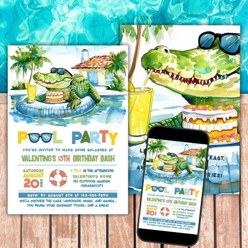 Crocodile Pool Party Birthday Invitation