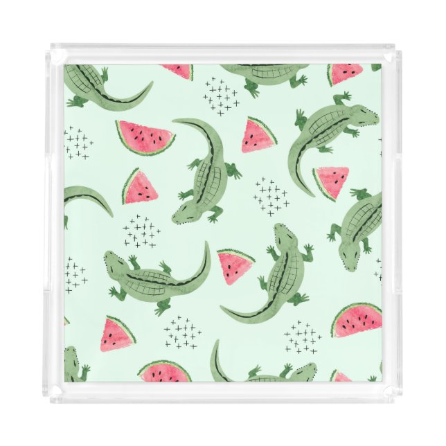 Crocodile Watermelon, Abstract Vintage Pattern. Acrylic Tray (Front)