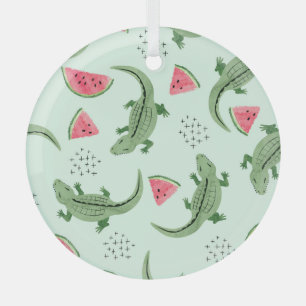 Crocodile Watermelon, Abstract Vintage Pattern. Glass Ornament