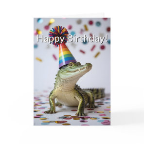Crocodile Wearing a Rainbow Birthday Party Hat Card