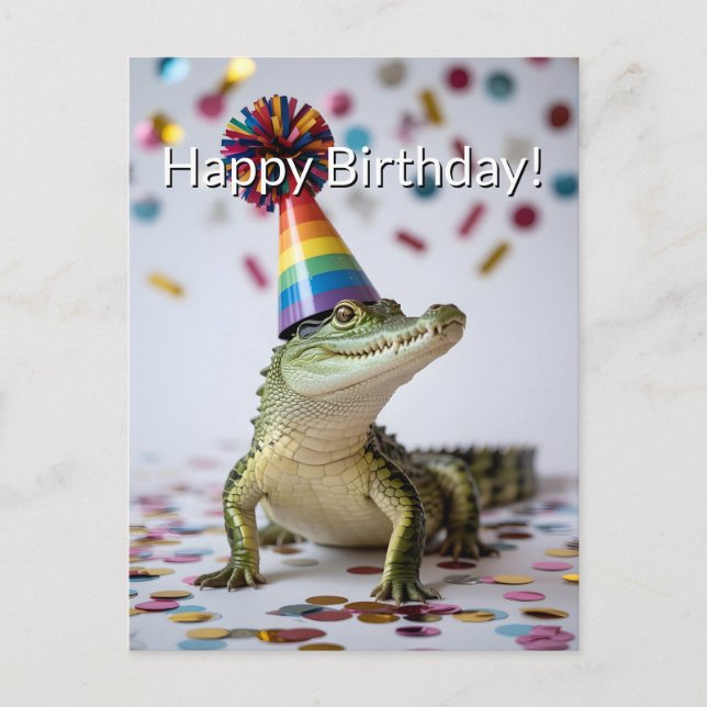 Crocodile Wearing a Rainbow Birthday Party Hat Postcard (Front)