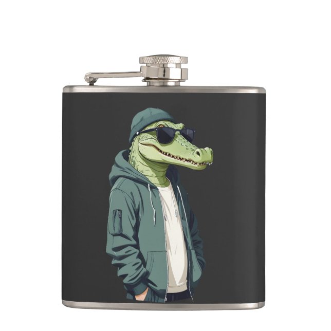 Crocodile Wearing Hoodie Funny Cool Animal Vector Flask (Front)