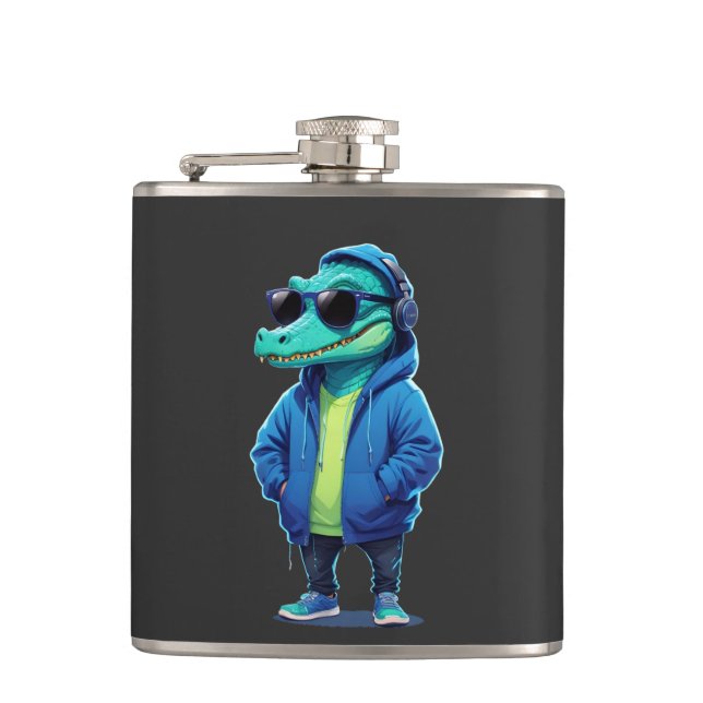 Crocodile Wearing Hoodie Funny Cool Animal Vector Flask (Front)