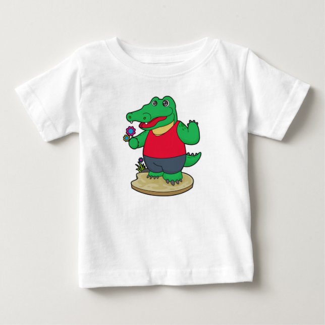 Crocodile with Flowers Baby T-Shirt (Front)