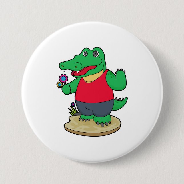 Crocodile with Flowers Button (Front)