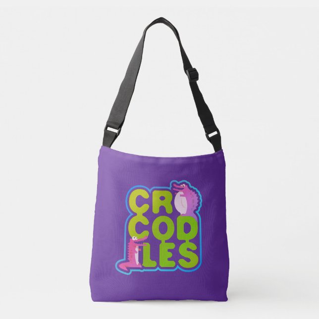 Crocodiles with two happy crocs - green letters crossbody bag (Front)