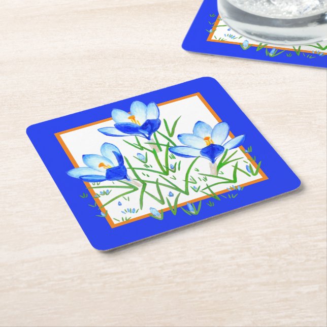 Crocus Flowers Blue Square Paper Coaster (Angled)
