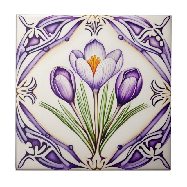  Crocus on  Symmetric Art Nouveau Ceramic Tile (Front)
