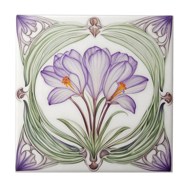 Crocus on Symmetric Art Nouveau ceramic tile (Front)