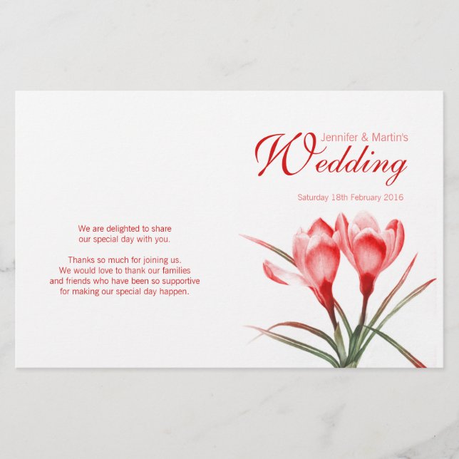 Crocus orange red floral wedding programme (Front)