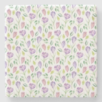 Crocus Pattern Watercolor White Stone Coaster by EveyArtStore at Zazzle