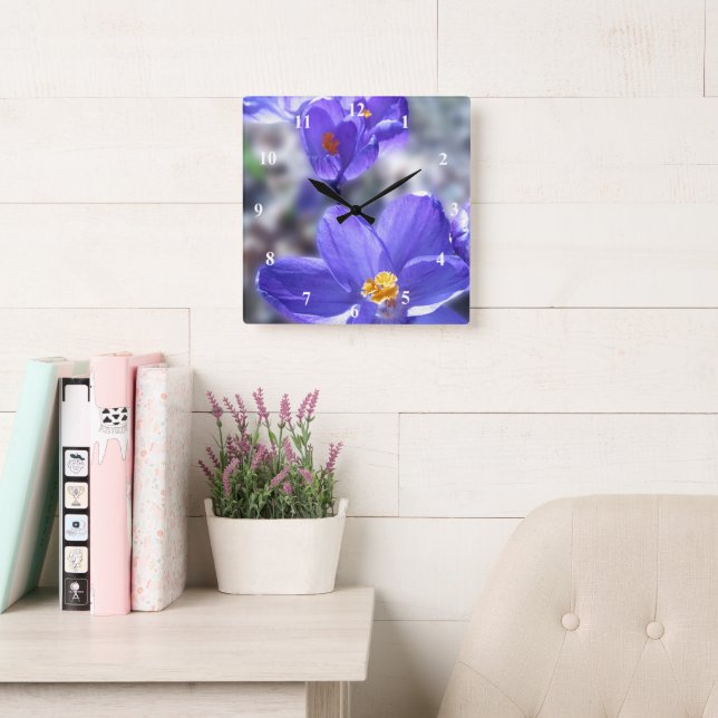Crocus Purple Flowers Photo Square Wall Clock (Reading Room)