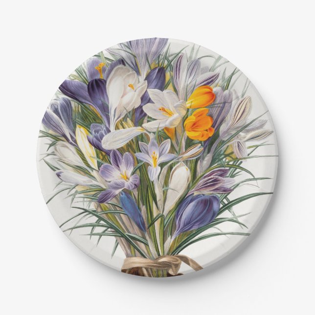 Crocus Spring Flower Botanical Floral Art Paper Plates (Front)