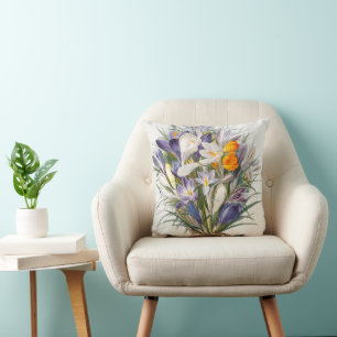 Crocus Spring Flower Botanical Floral Art Throw Pillow