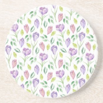 Crocus Watercolor Pattern  White Coaster by EveyArtStore at Zazzle