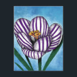 Crocus Will Preen Postcard<br><div class="desc">Crocus Will Preen is a simple floral featuring a purple and white striped open crocus bloom over a blue mottled background.</div>