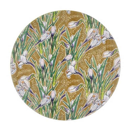 Crocuses Crocus Spring Flower Floral Pattern Olive Cutting Board