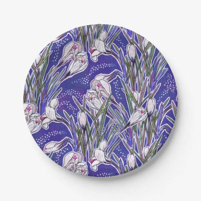 Crocuses, floral pattern, beautiful spring flowers paper plates (Front)