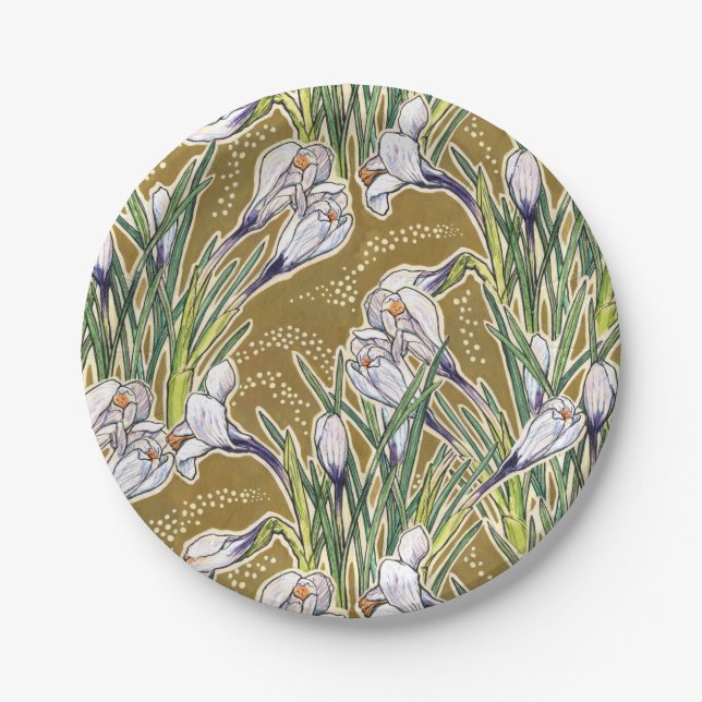 Crocuses, floral pattern, beautiful spring flowers paper plates (Front)