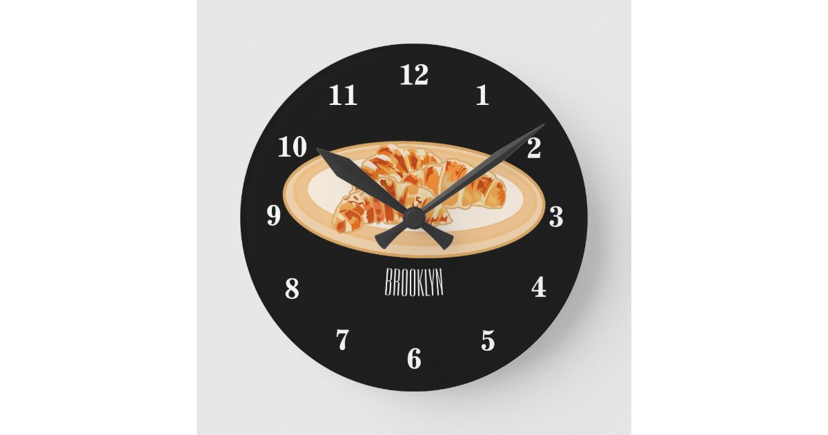 Croissant cartoon illustration round clock | Zazzle