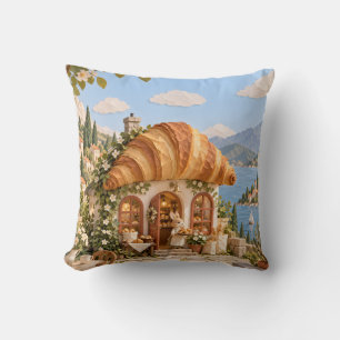 Croissant Roof Bakery Sunny Lakeside Village Throw Pillow