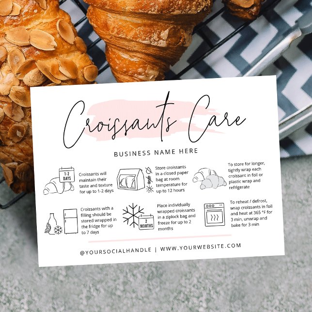 Croissants Care Guide Pink Watercolor Pastry Chef Business Card (Modern croissants care cards with icons, trendy fonts and pink watercolor design and your logo)